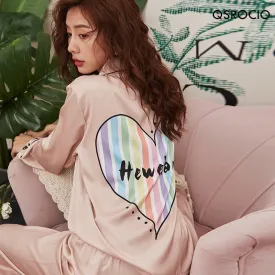 High Quality Women's Pajamas Set Luxury Style Rainbow Heart Sleepwear Silk Like Casual Homewear V Neck Nightwear Femme