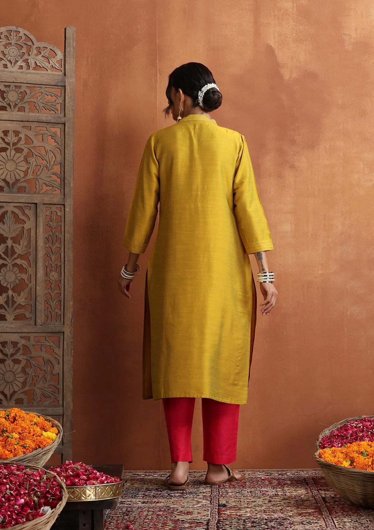 HOC Crafts Silk Blended Zari Pintucks Solid Women's Long Kurta - Yellow