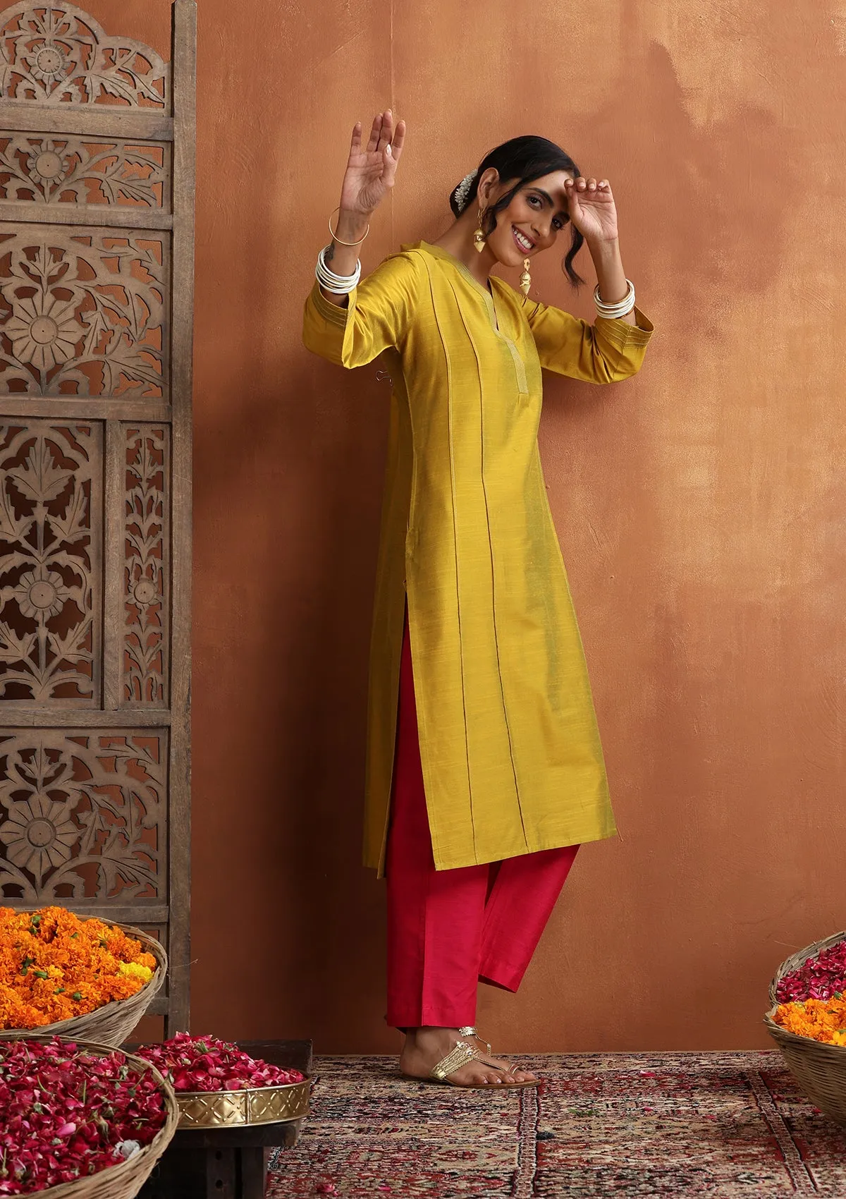 HOC Crafts Silk Blended Zari Pintucks Solid Women's Long Kurta - Yellow