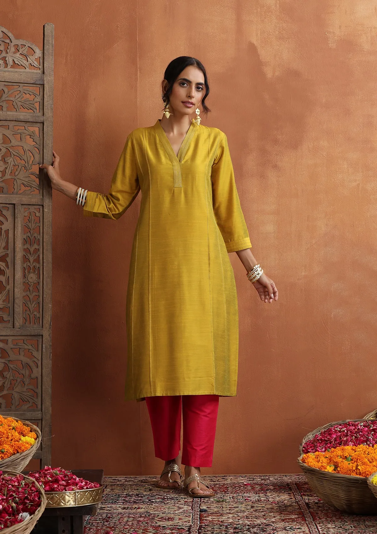 HOC Crafts Silk Blended Zari Pintucks Solid Women's Long Kurta - Yellow