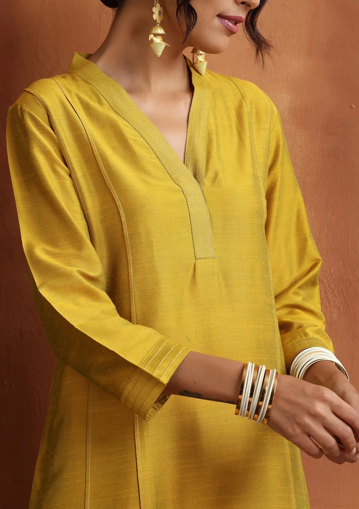 HOC Crafts Silk Blended Zari Pintucks Solid Women's Long Kurta - Yellow