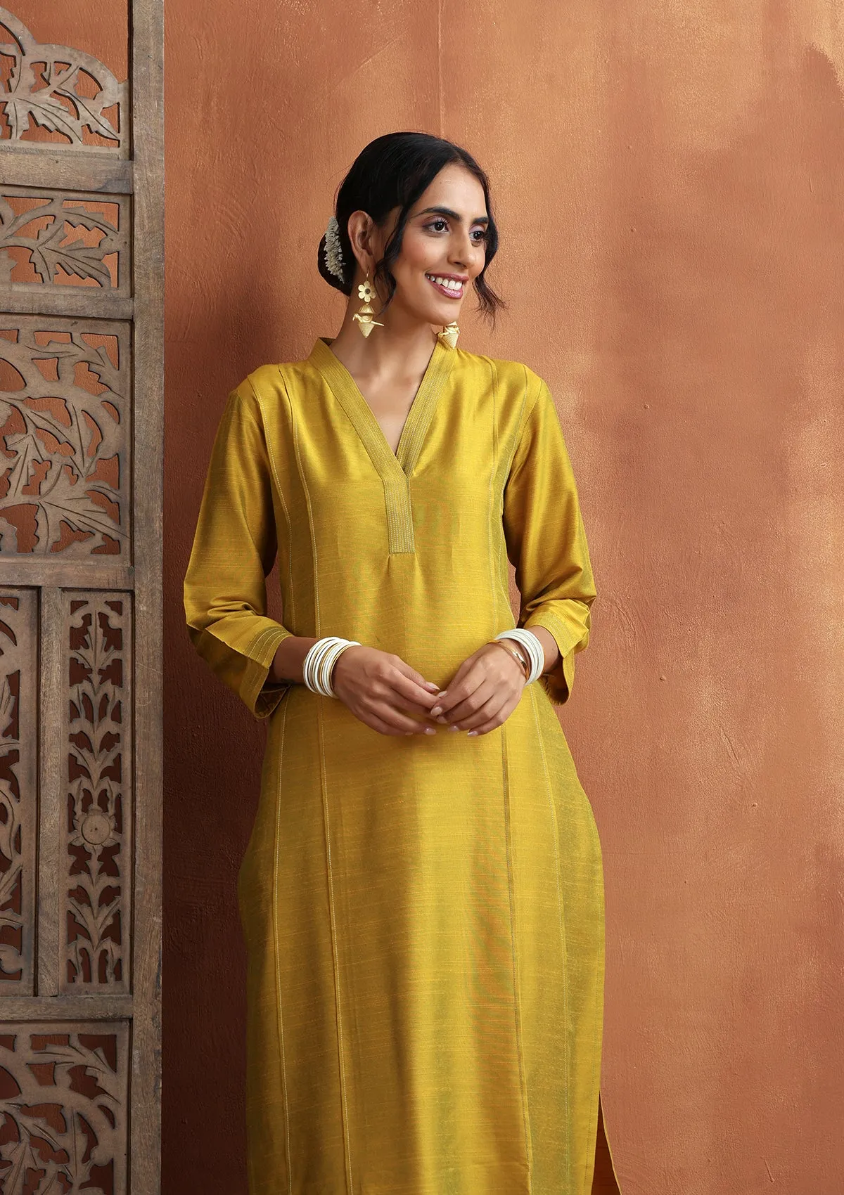 HOC Crafts Silk Blended Zari Pintucks Solid Women's Long Kurta - Yellow