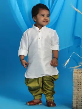 Jashvi Boy's White & Light Green Kurta With Dhoti Pant Set