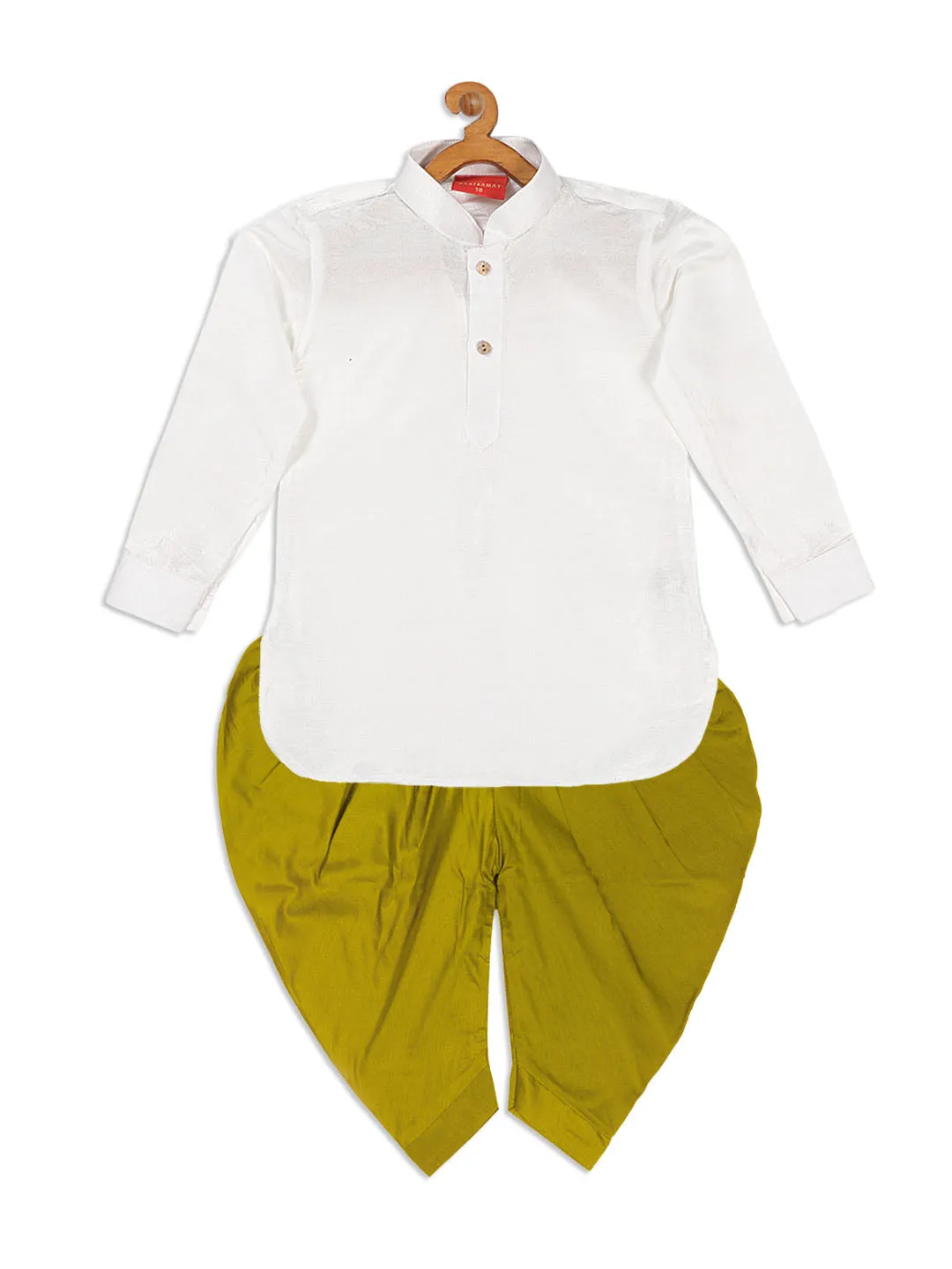 Jashvi Boy's White & Light Green Kurta With Dhoti Pant Set