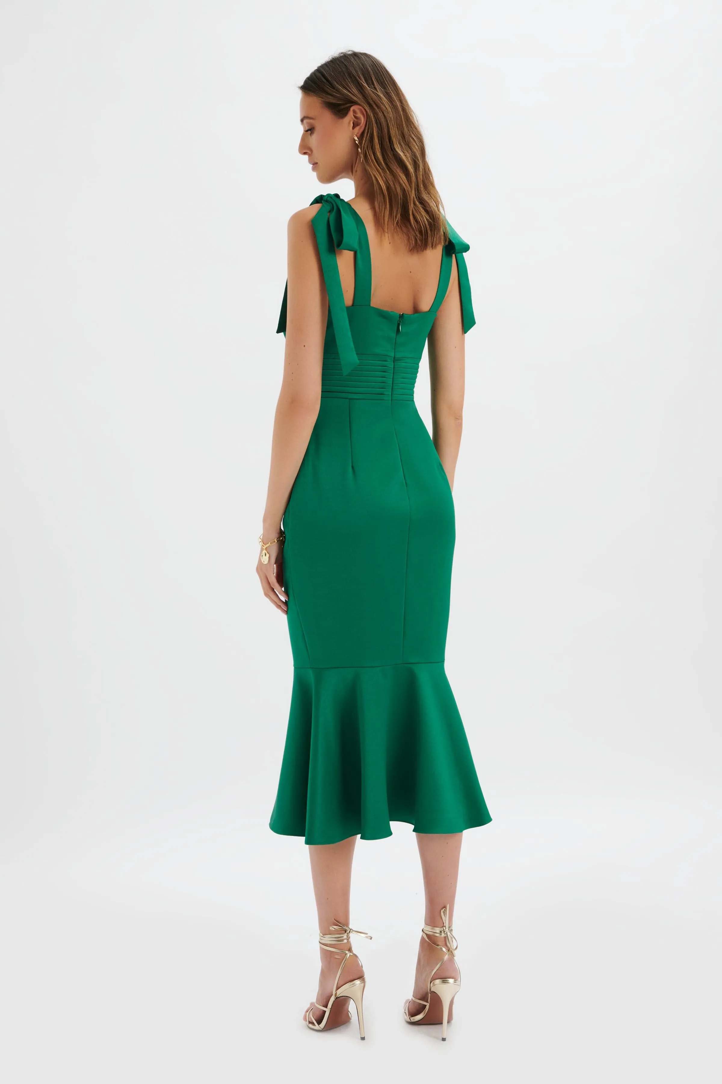 KAMILA Tie Strap Micro Button Satin Midi Dress in Emerald Green