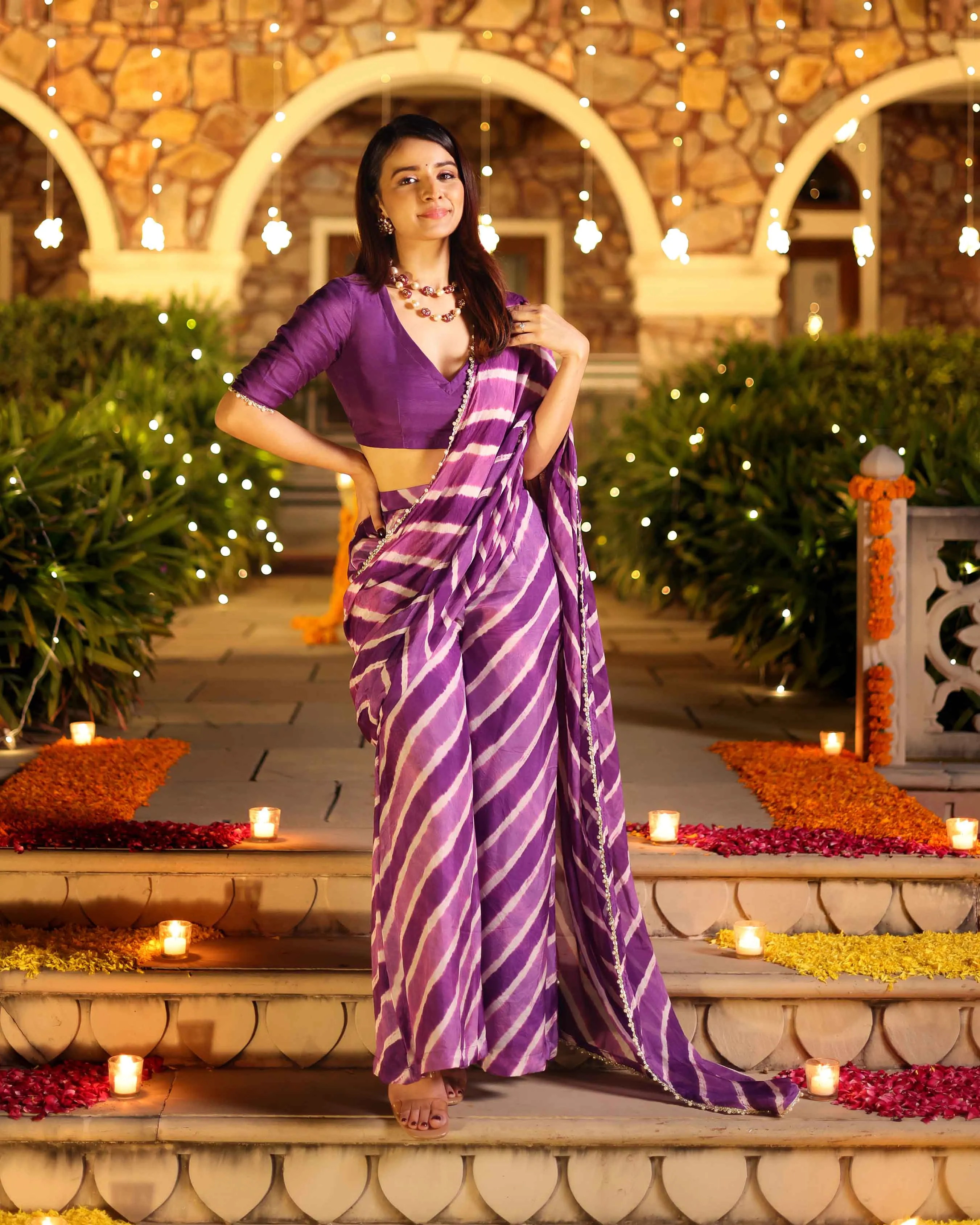 Kimaya Purple Leheriya Silk Pre Draped Saree