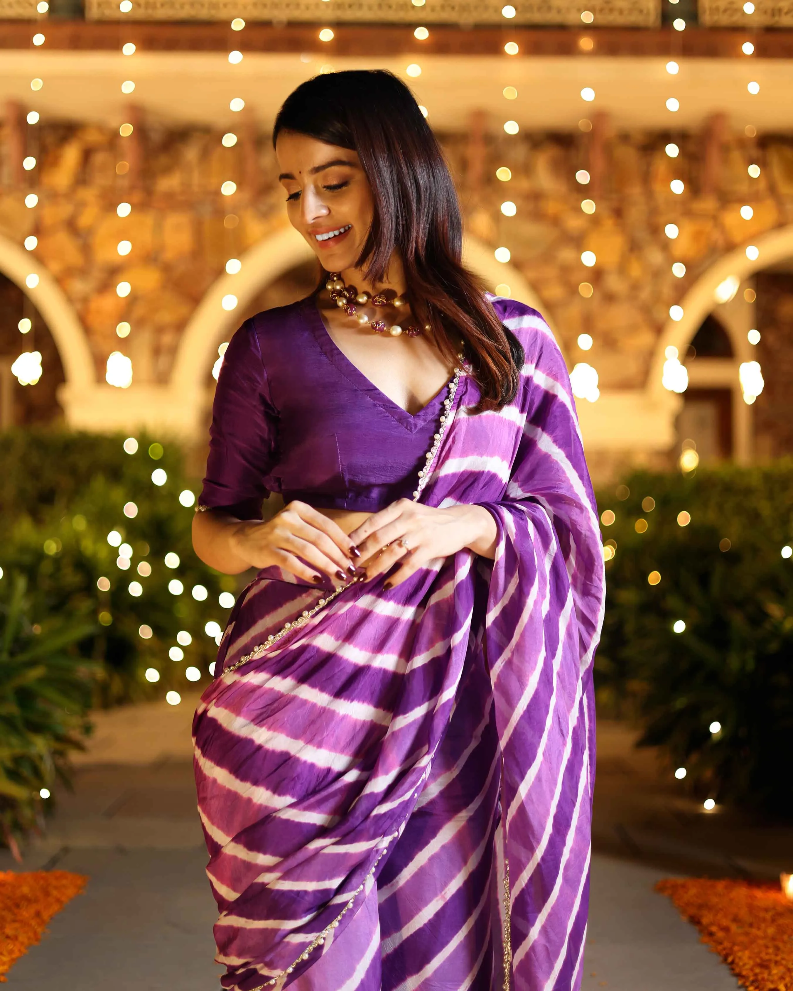 Kimaya Purple Leheriya Silk Pre Draped Saree