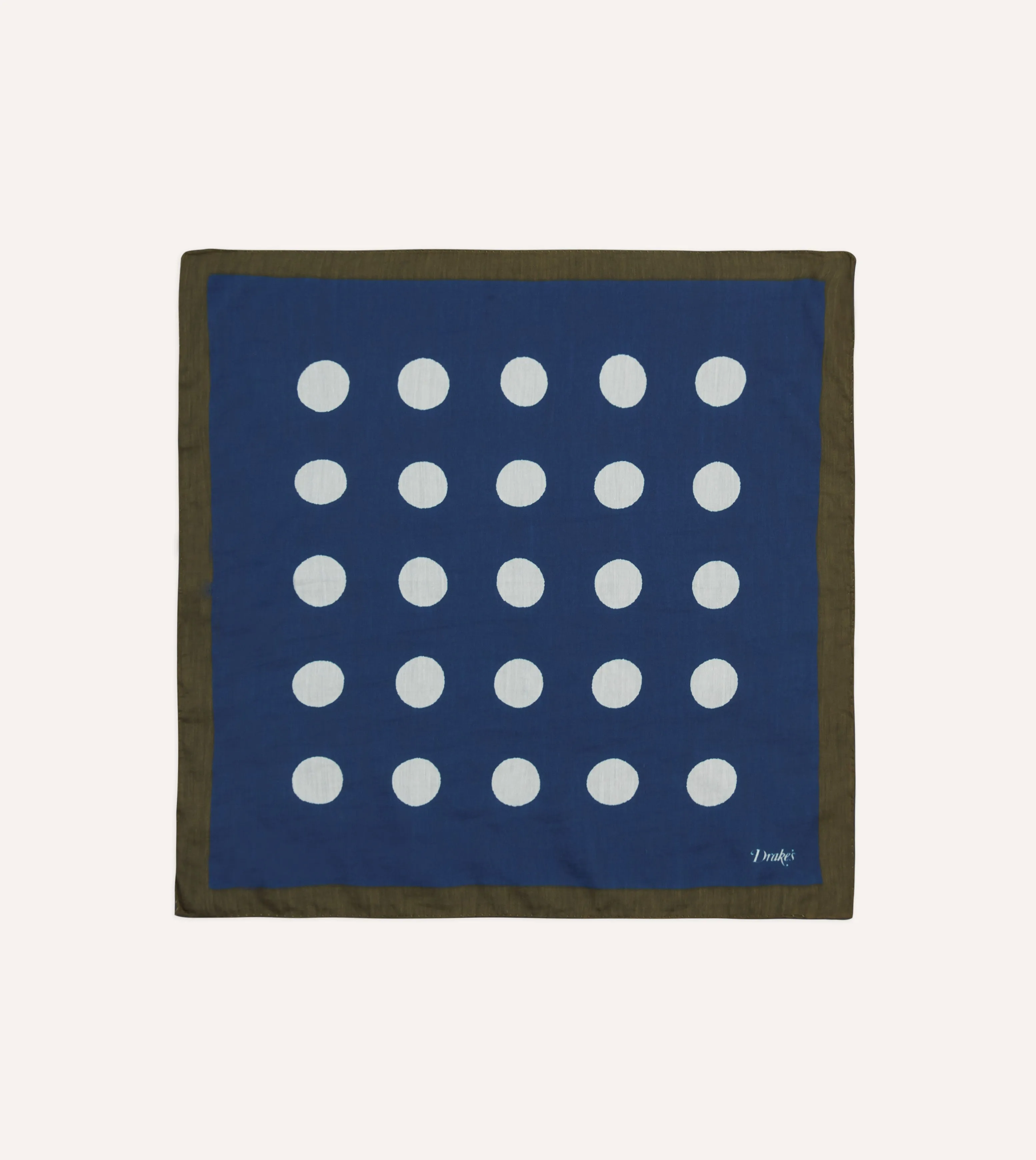 Olive, Navy and Ecru Large Spots Print Cotton-Silk Pocket Square