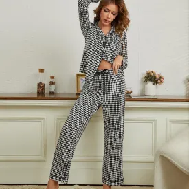 Pajamas Women's Black And White Plaid Cardigan Long Sleeve Pants Homewear