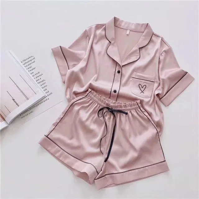 Purpdrank - Silk Pajamas for Women Home Suit Heart Embroidered Pyjamas Pj Set Satin Nightwear Sleepwear Pijama Verano Mujer