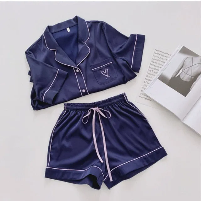 Purpdrank - Silk Pajamas for Women Home Suit Heart Embroidered Pyjamas Pj Set Satin Nightwear Sleepwear Pijama Verano Mujer