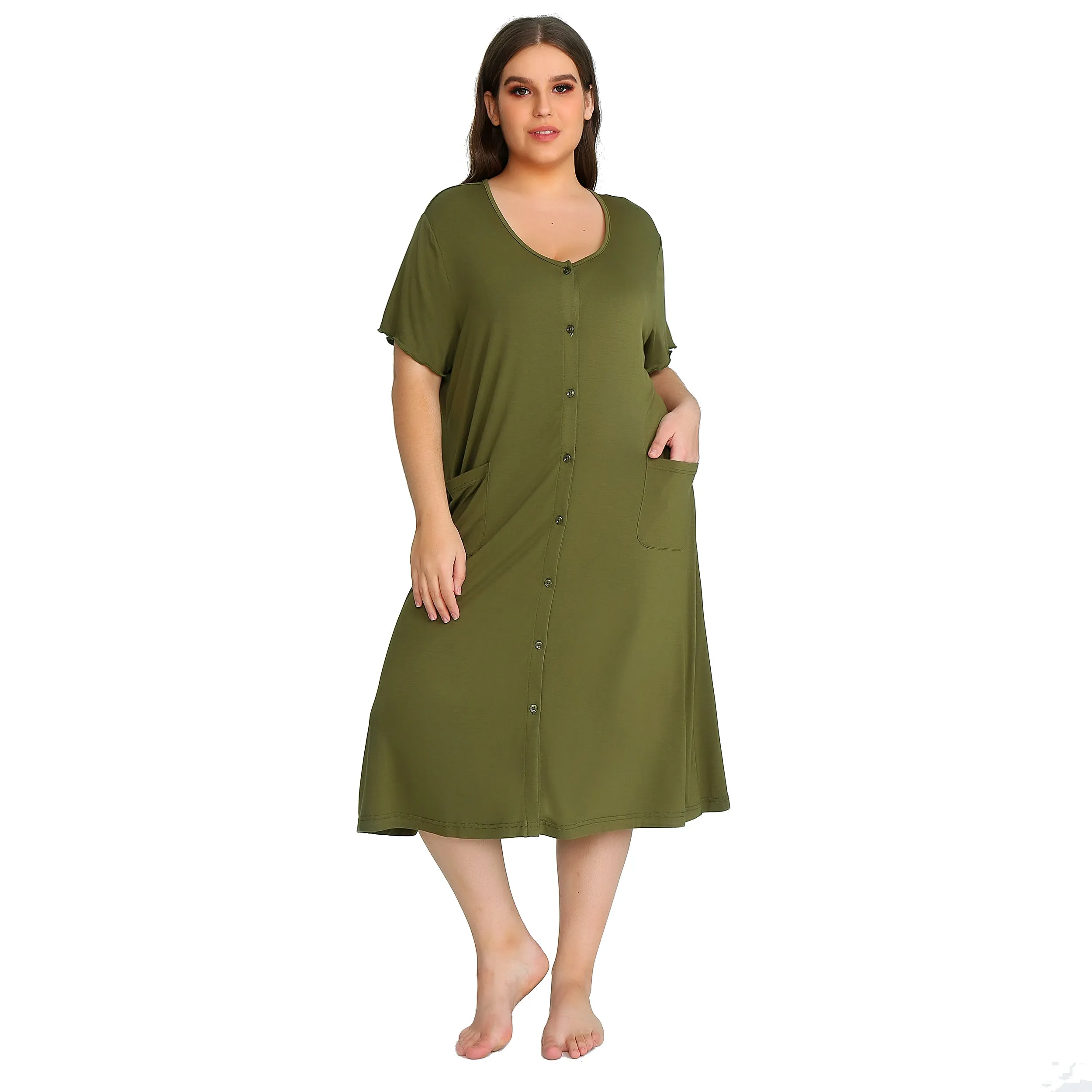 RH Nightdress Shortsleeve Button Down Plus size Womens Sleepwear Lounge Pajama Dress PRHW2896