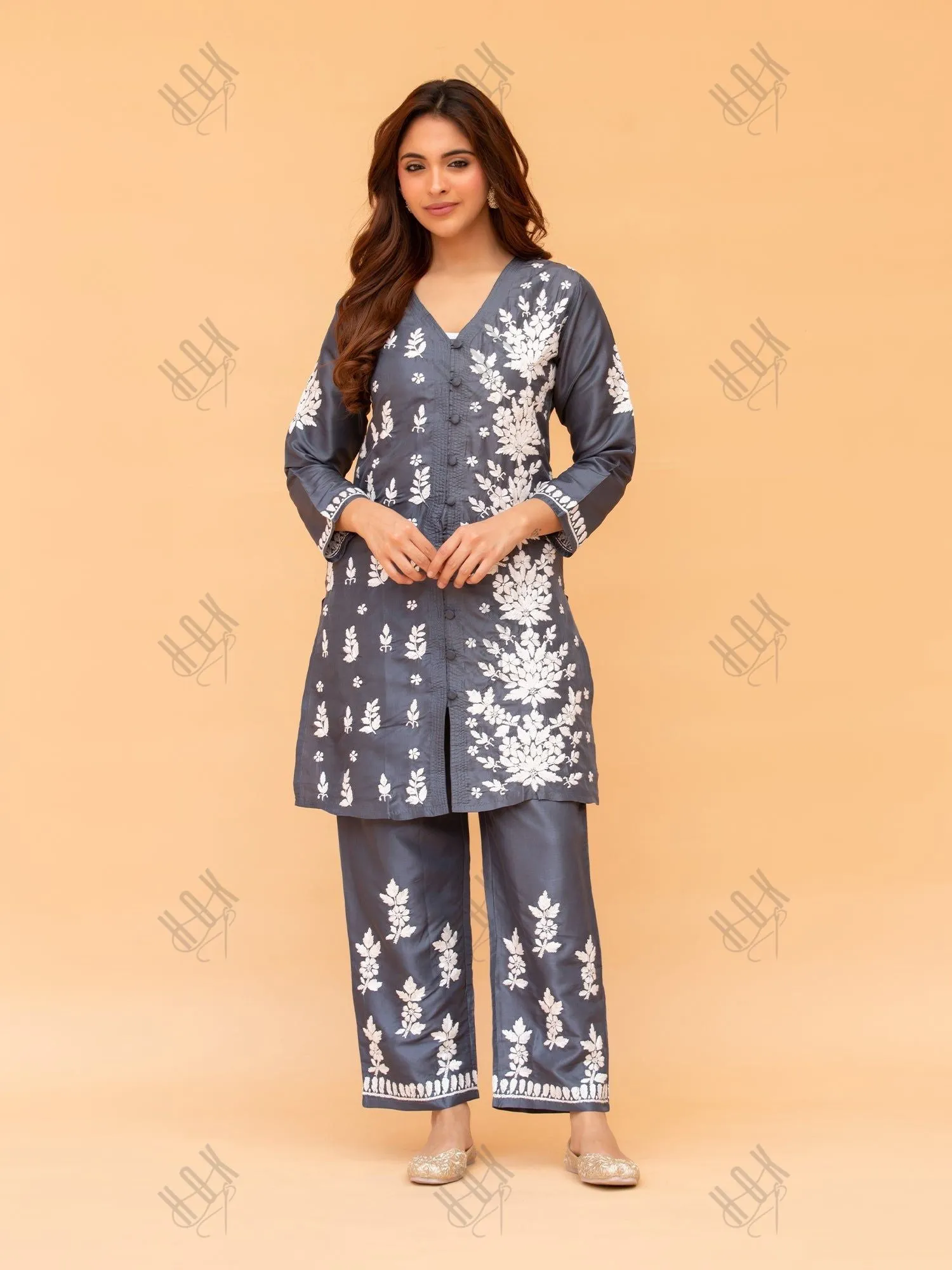 Saba Chikankari Kurta Set in Habutai Silk - Grey