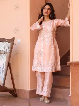 Saba Chikankari Kurta Set in Habutai Silk - Peach