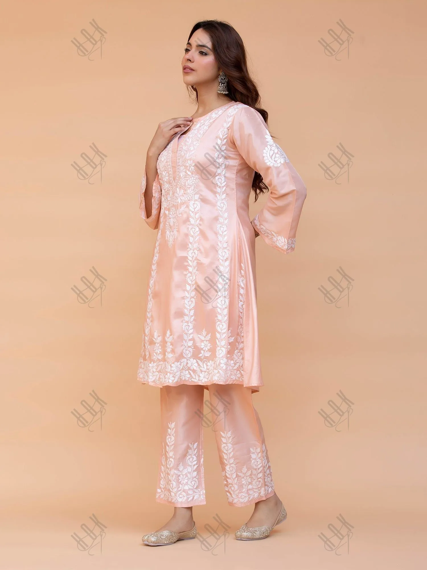 Saba Chikankari Kurta Set in Habutai Silk - Peach