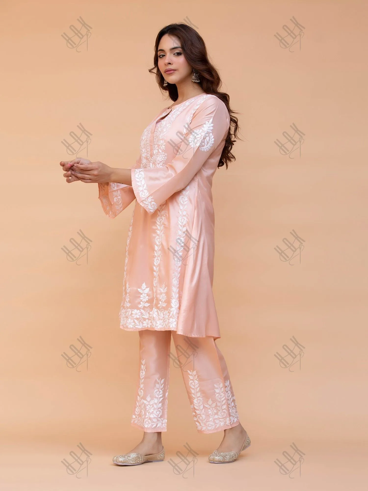 Saba Chikankari Kurta Set in Habutai Silk - Peach