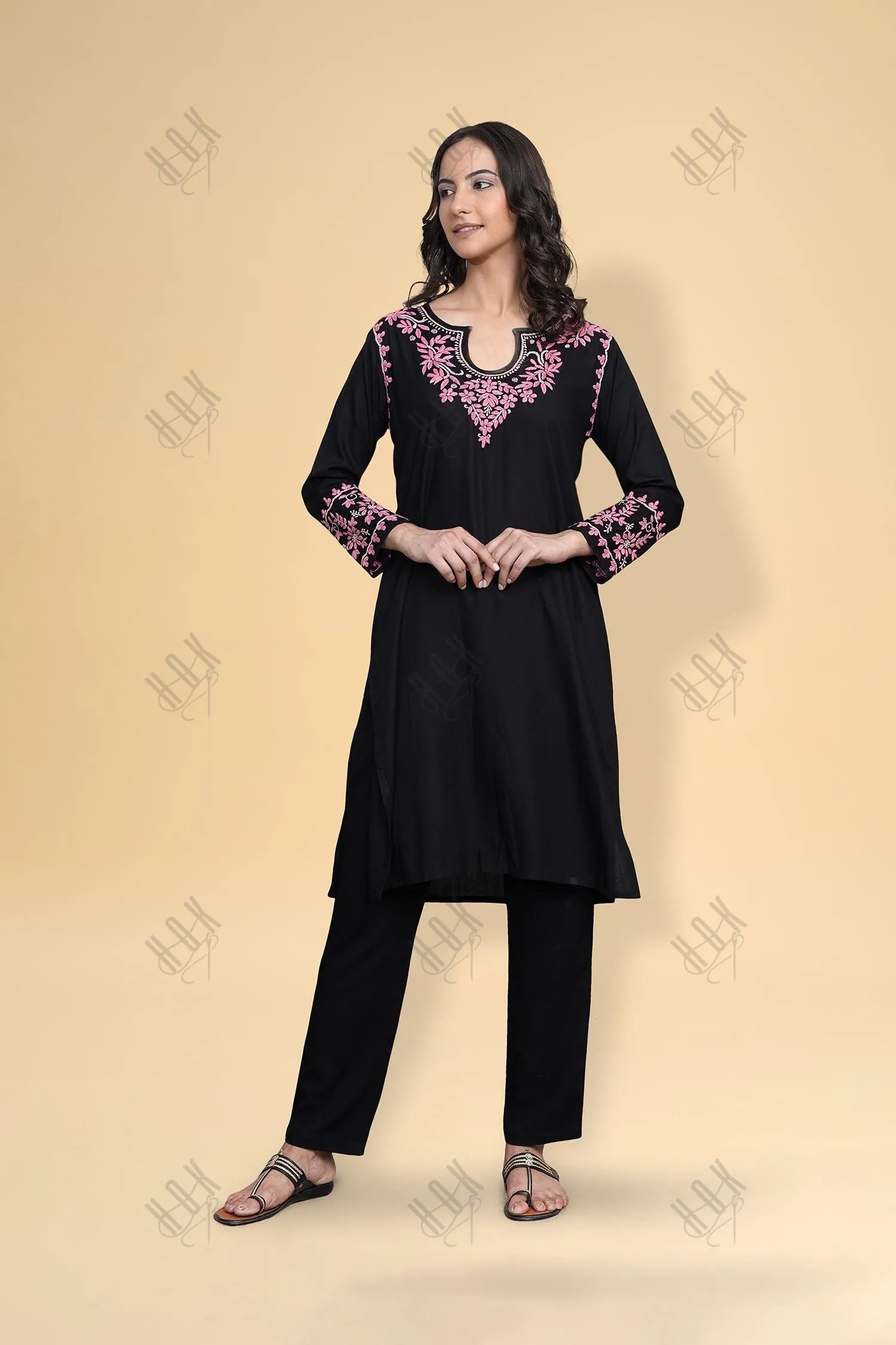 Saba Chikankari Kurta Set in Rayon Cotton - Black