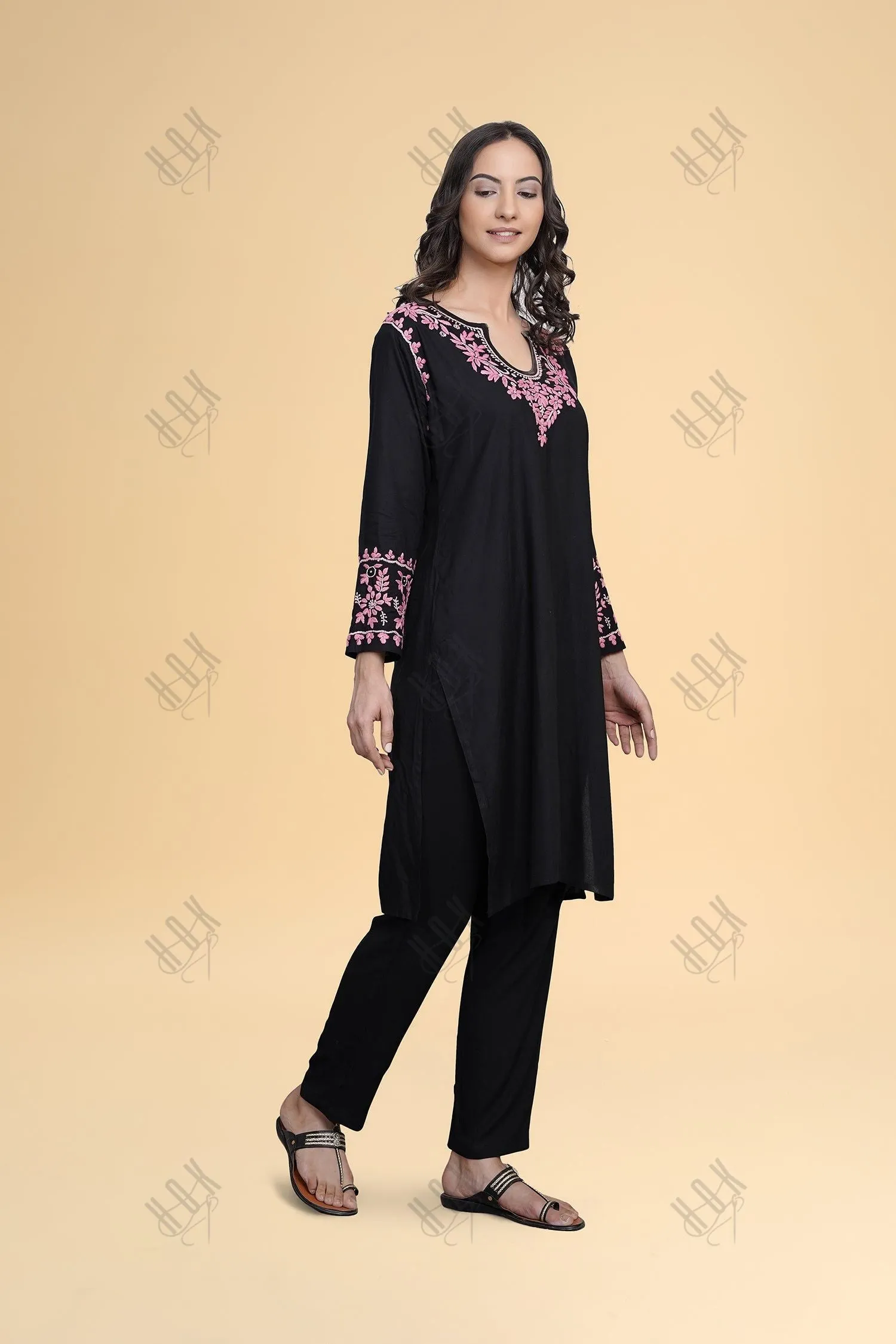 Saba Chikankari Kurta Set in Rayon Cotton - Black