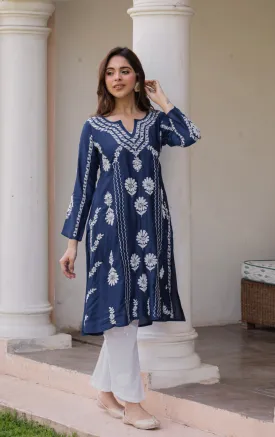 Saba Chikankari Long Kurta in Barfi Silk - Navy Blue