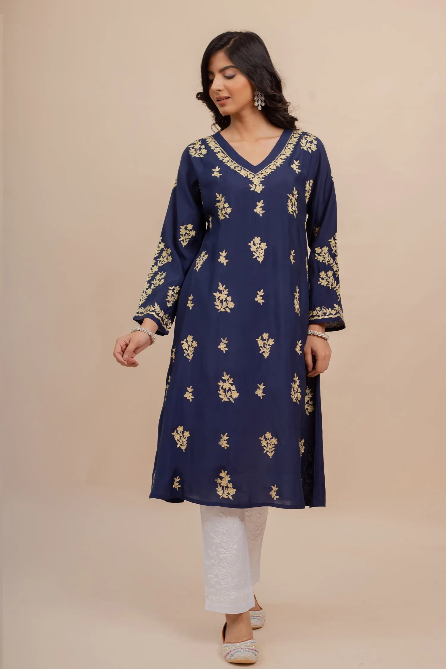 Saba Muslin Kurta In Blue With Gold Zari Embroidery