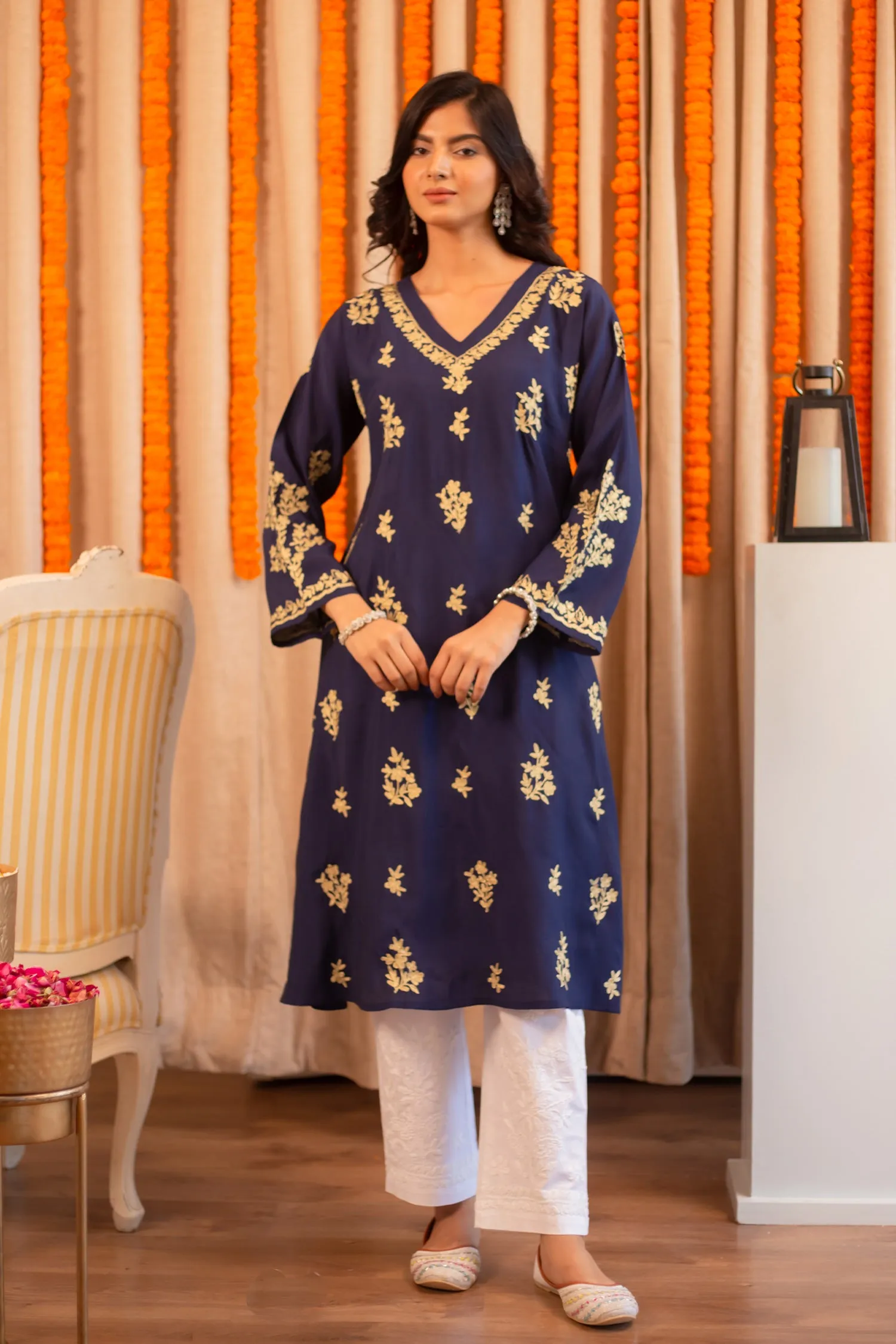 Saba Muslin Kurta In Blue With Gold Zari Embroidery