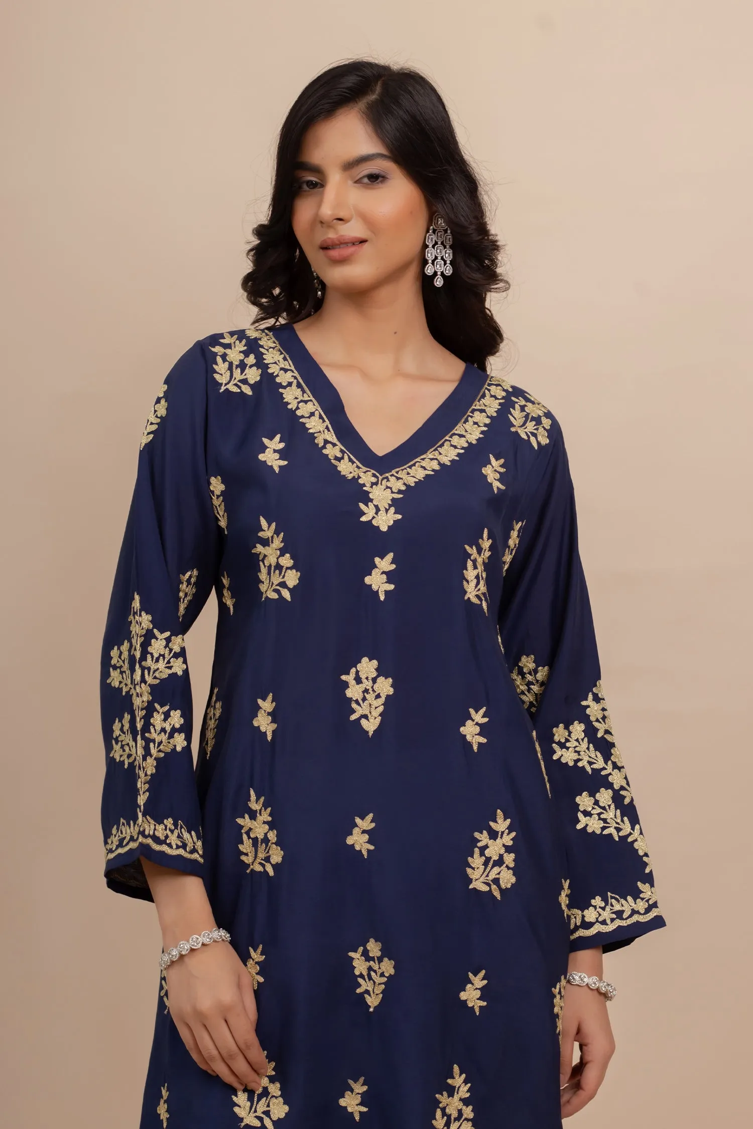 Saba Muslin Kurta In Blue With Gold Zari Embroidery