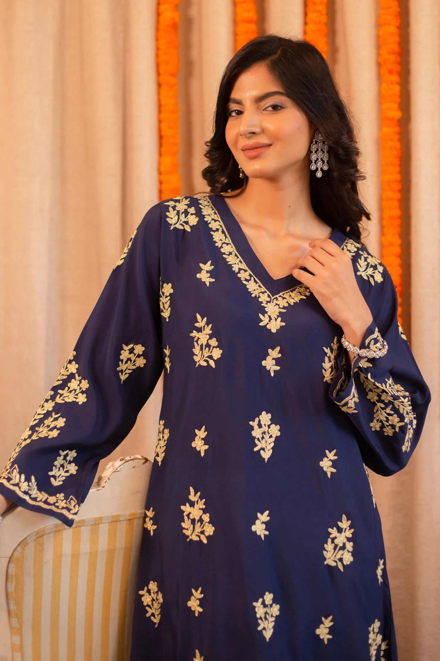 Saba Muslin Kurta In Blue With Gold Zari Embroidery