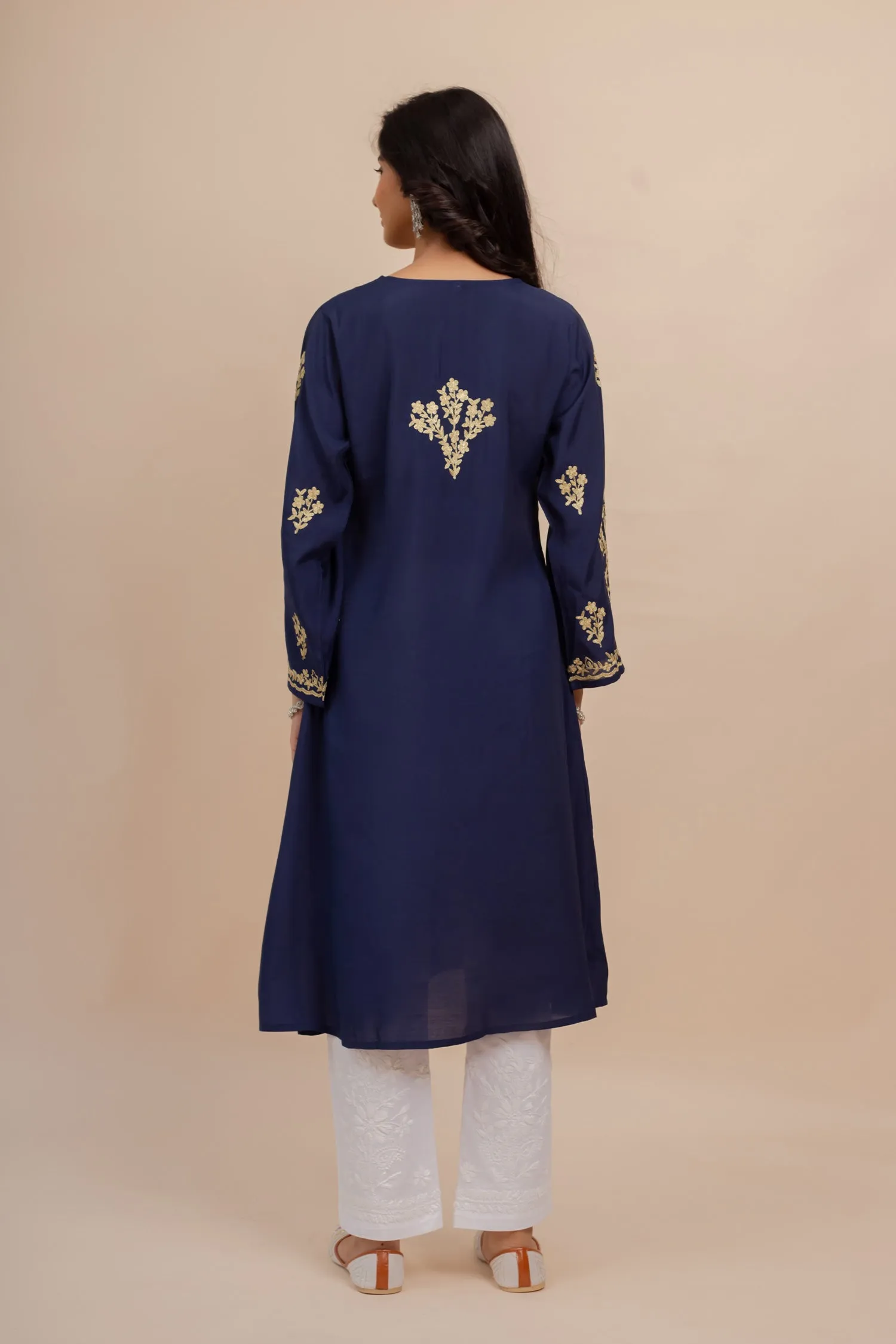 Saba Muslin Kurta In Blue With Gold Zari Embroidery