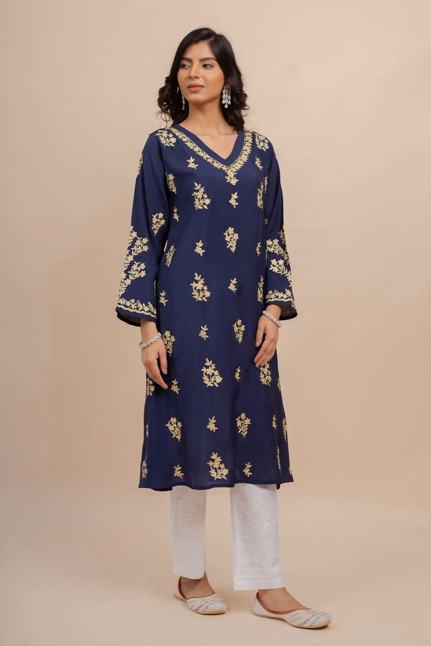 Saba Muslin Kurta In Blue With Gold Zari Embroidery