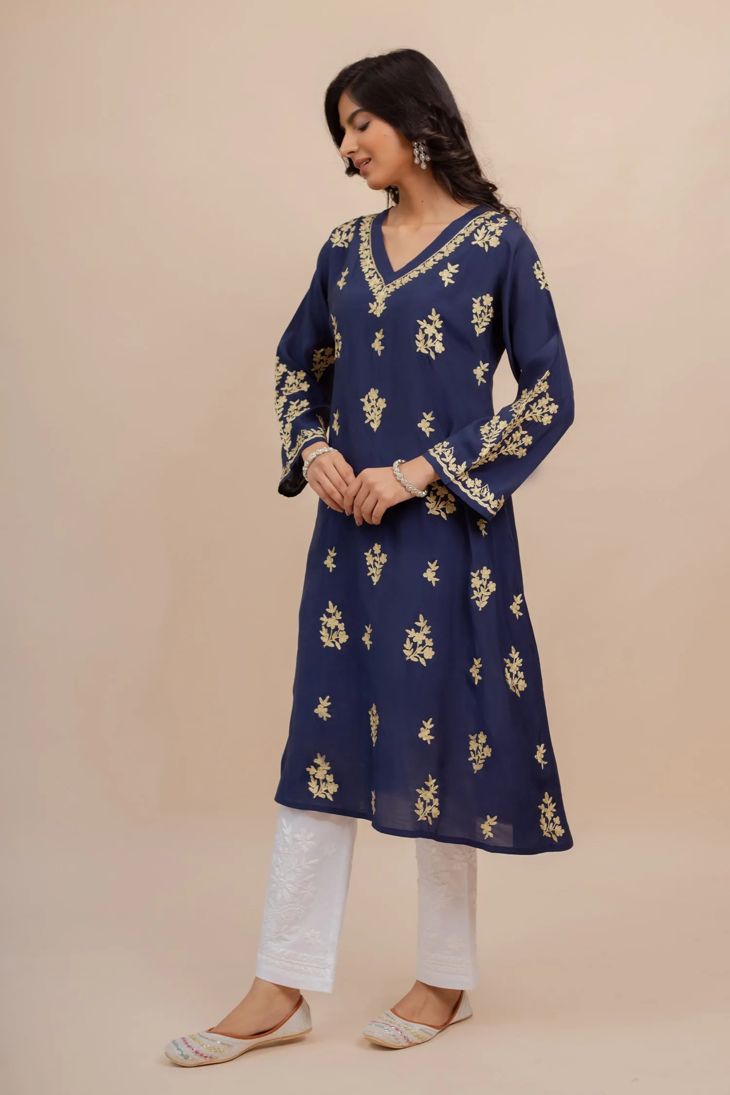 Saba Muslin Kurta In Blue With Gold Zari Embroidery