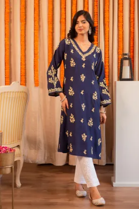 Saba Muslin Kurta In Blue With Gold Zari Embroidery