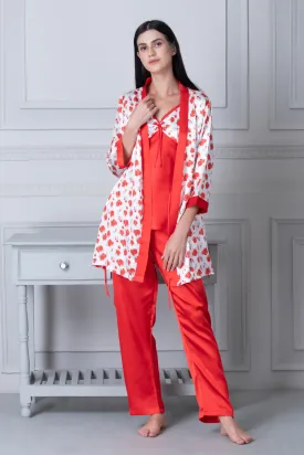 Satin Night suit with floral Robe Red & White