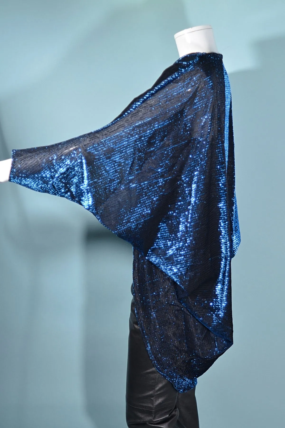 SOLD Vintage Blue/Black Sparkle Batwing Cocoon Top Blouse OS