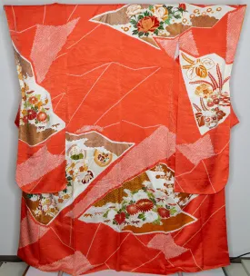 Stunning Orange Shibori Furisode Authenic Japanese Silk Kimono 1990s Retro Modern Chrysanthemum