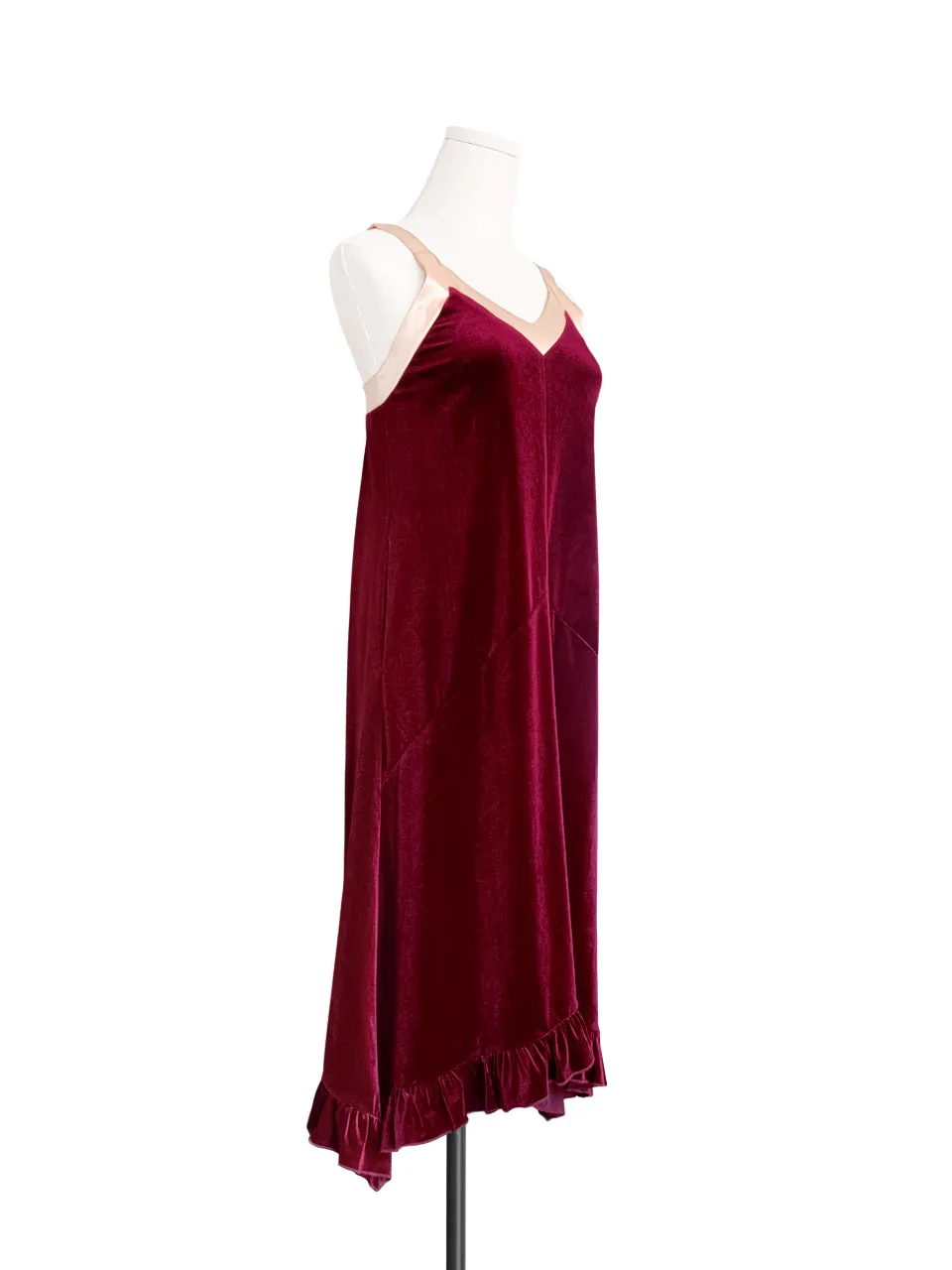 Surprise Sale! Madder Red Silky Contrast V-Neck A-Line Velvet Dress