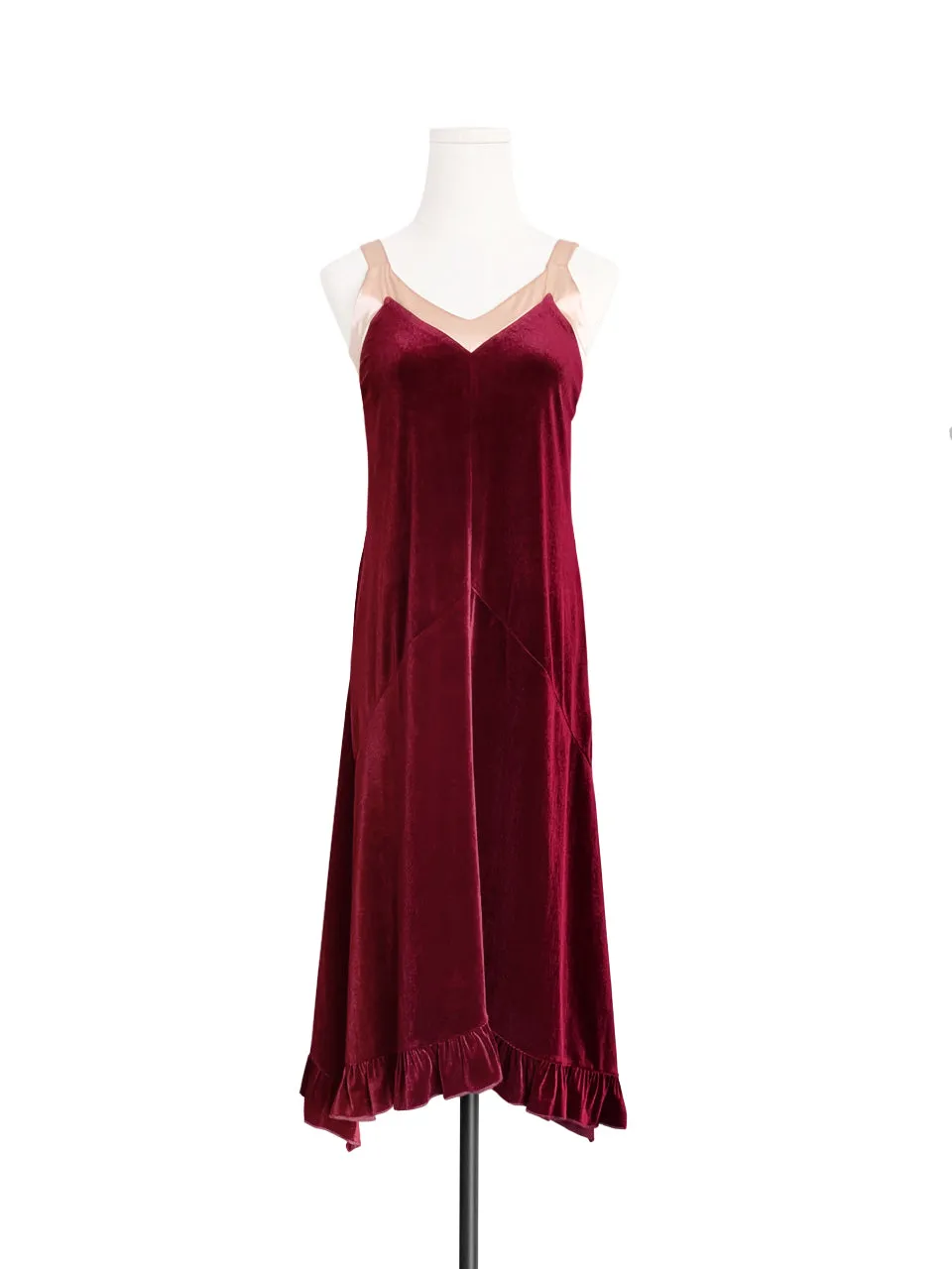 Surprise Sale! Madder Red Silky Contrast V-Neck A-Line Velvet Dress