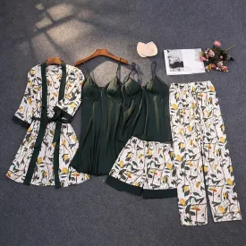 VenusFox Print Pajamas Set Silky Women 5 Piece Sleepwear Satin Lace Sleep Pajama Lounge with Belt Chest Pads Sexy Strap Home Nightwear