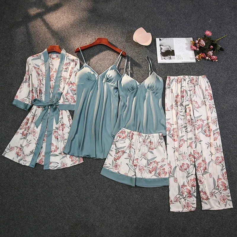 VenusFox Print Pajamas Set Silky Women 5 Piece Sleepwear Satin Lace Sleep Pajama Lounge with Belt Chest Pads Sexy Strap Home Nightwear