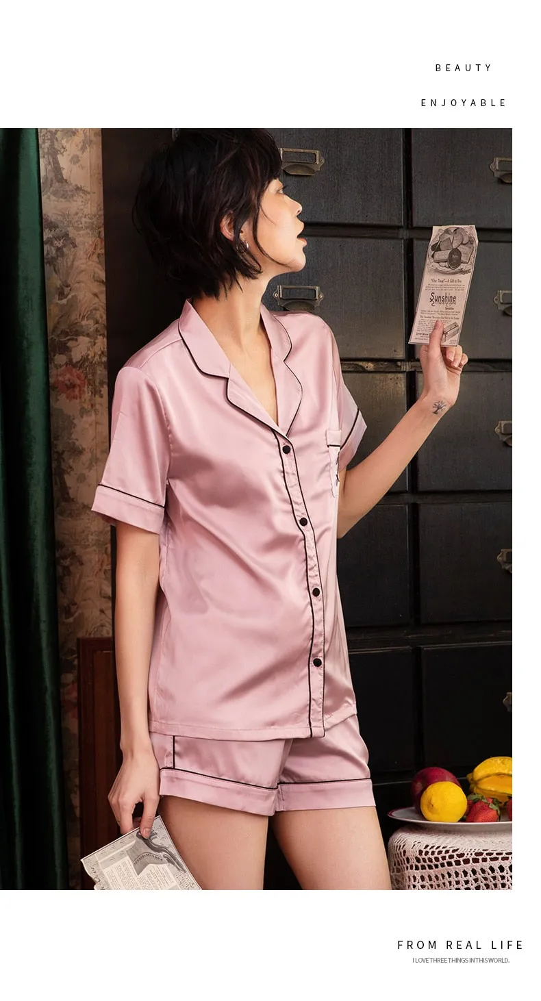 VenusFox Silk Pajamas for Women Home Suit Heart Embroidered Pajamas Pj Set Satin Sleepwear