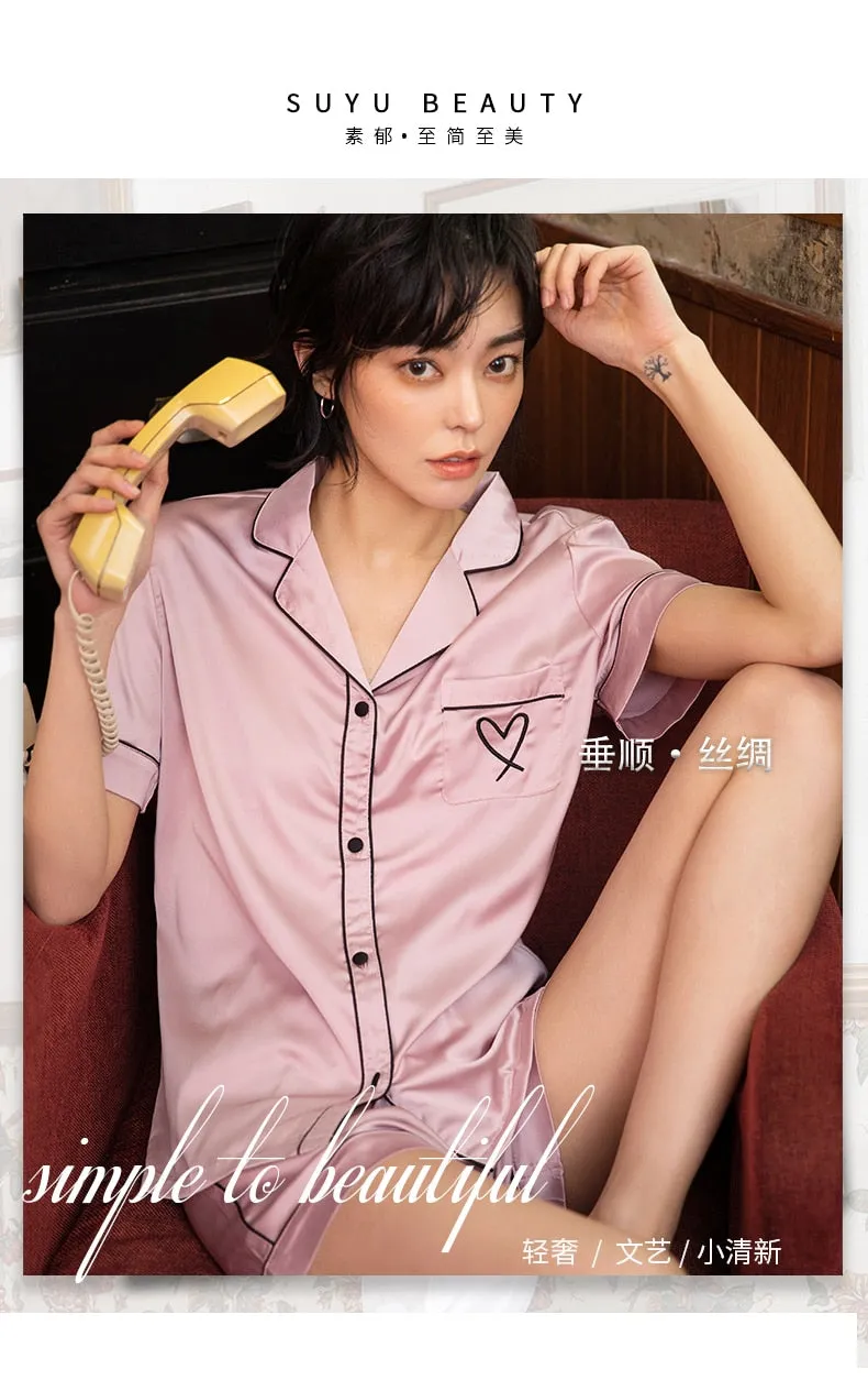 VenusFox Silk Pajamas for Women Home Suit Heart Embroidered Pajamas Pj Set Satin Sleepwear