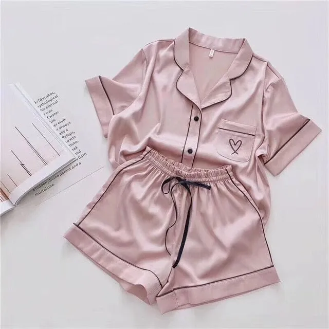 VenusFox Silk Pajamas for Women Home Suit Heart Embroidered Pajamas Pj Set Satin Sleepwear