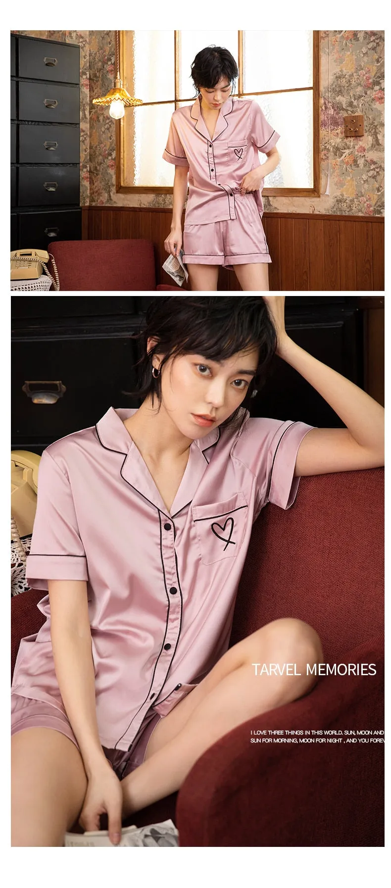 VenusFox Silk Pajamas for Women Home Suit Heart Embroidered Pajamas Pj Set Satin Sleepwear