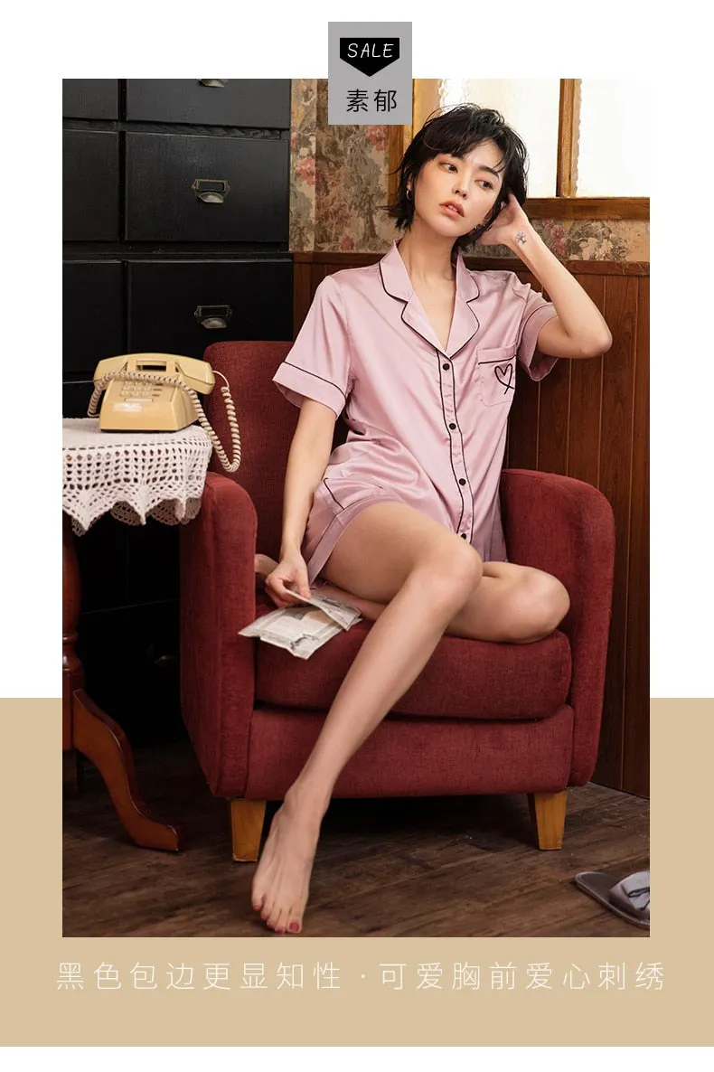 VenusFox Silk Pajamas for Women Home Suit Heart Embroidered Pajamas Pj Set Satin Sleepwear