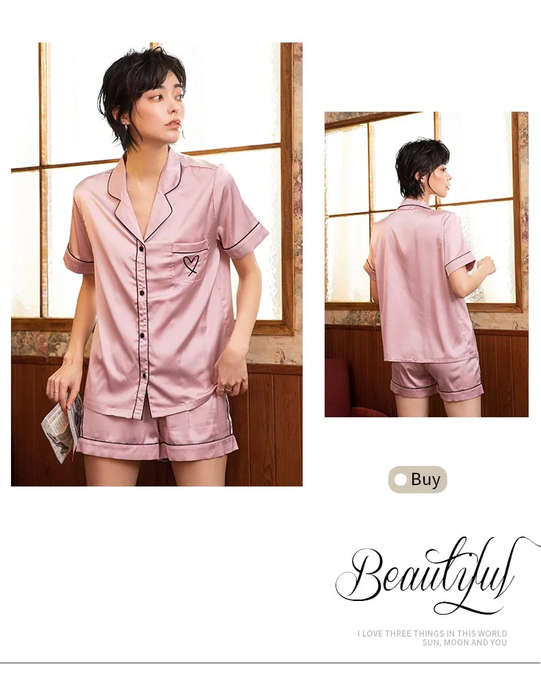 VenusFox Silk Pajamas for Women Home Suit Heart Embroidered Pajamas Pj Set Satin Sleepwear