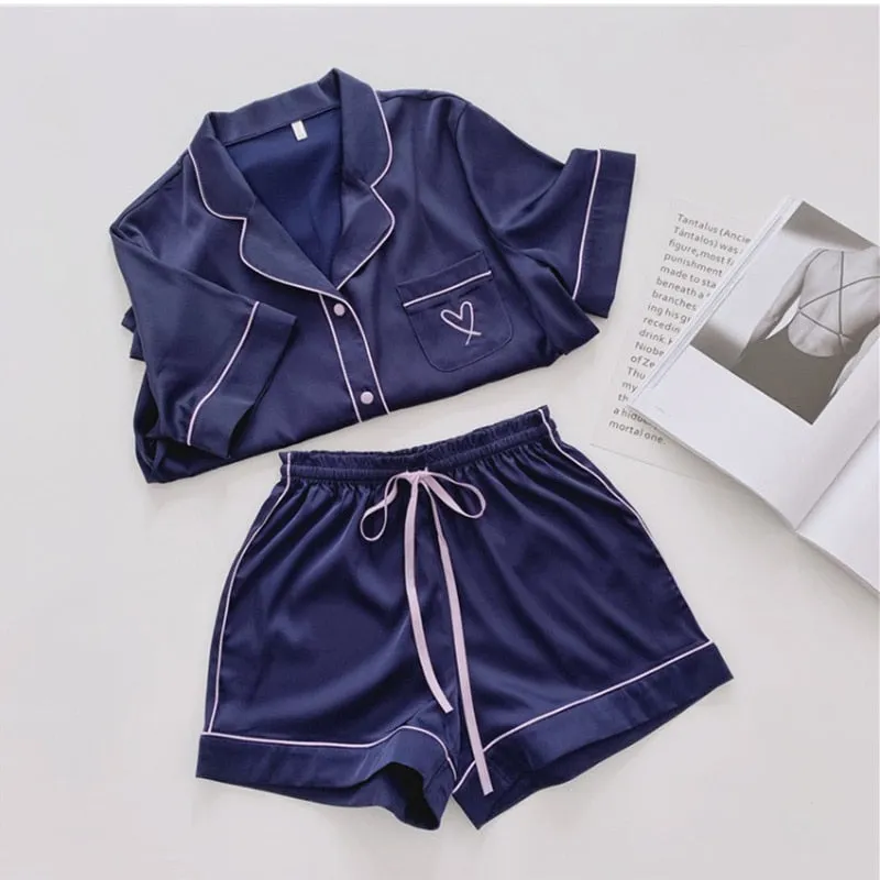 VenusFox Silk Pajamas for Women Home Suit Heart Embroidered Pajamas Pj Set Satin Sleepwear