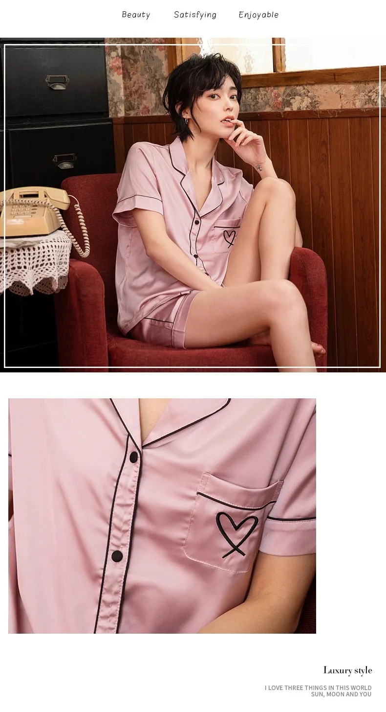 VenusFox Silk Pajamas for Women Home Suit Heart Embroidered Pajamas Pj Set Satin Sleepwear