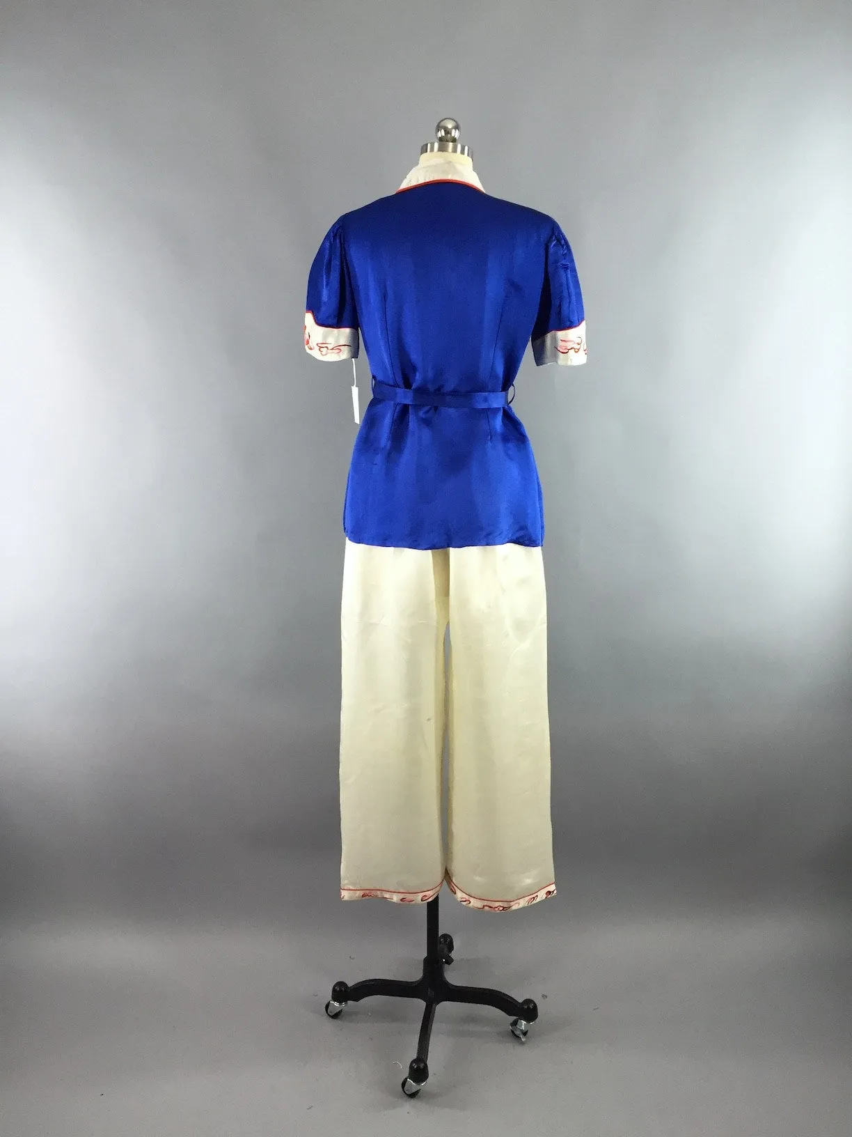 Vintage 1930s Silk Pajamas & Robe Set / Red White and Blue Dragons