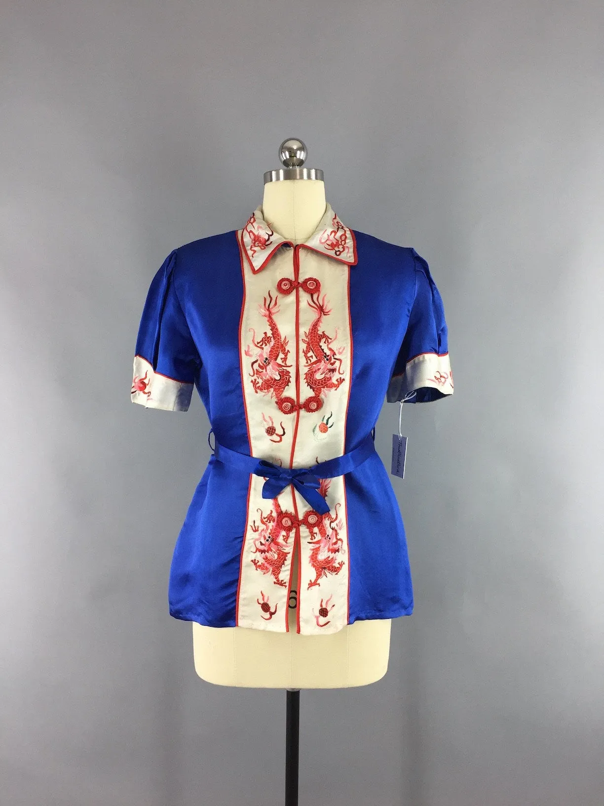 Vintage 1930s Silk Pajamas & Robe Set / Red White and Blue Dragons