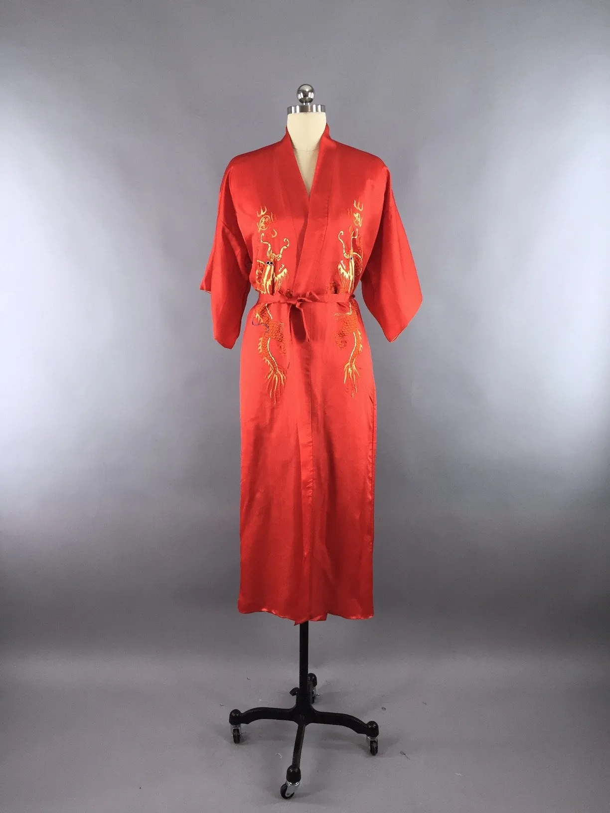 Vintage 1930s Silk Pajamas & Robe Set / Red White and Blue Dragons