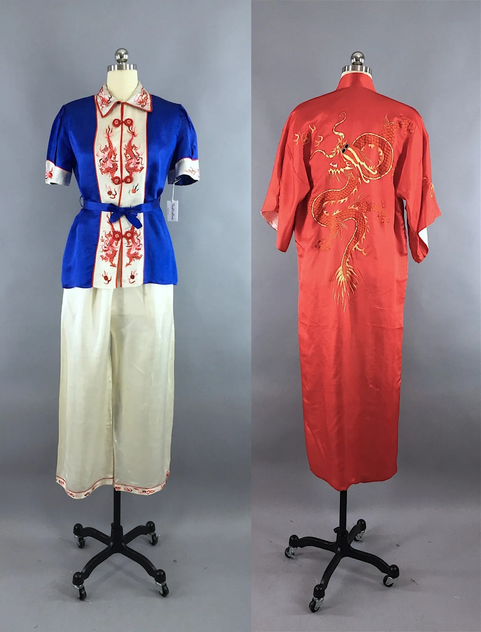 Vintage 1930s Silk Pajamas & Robe Set / Red White and Blue Dragons